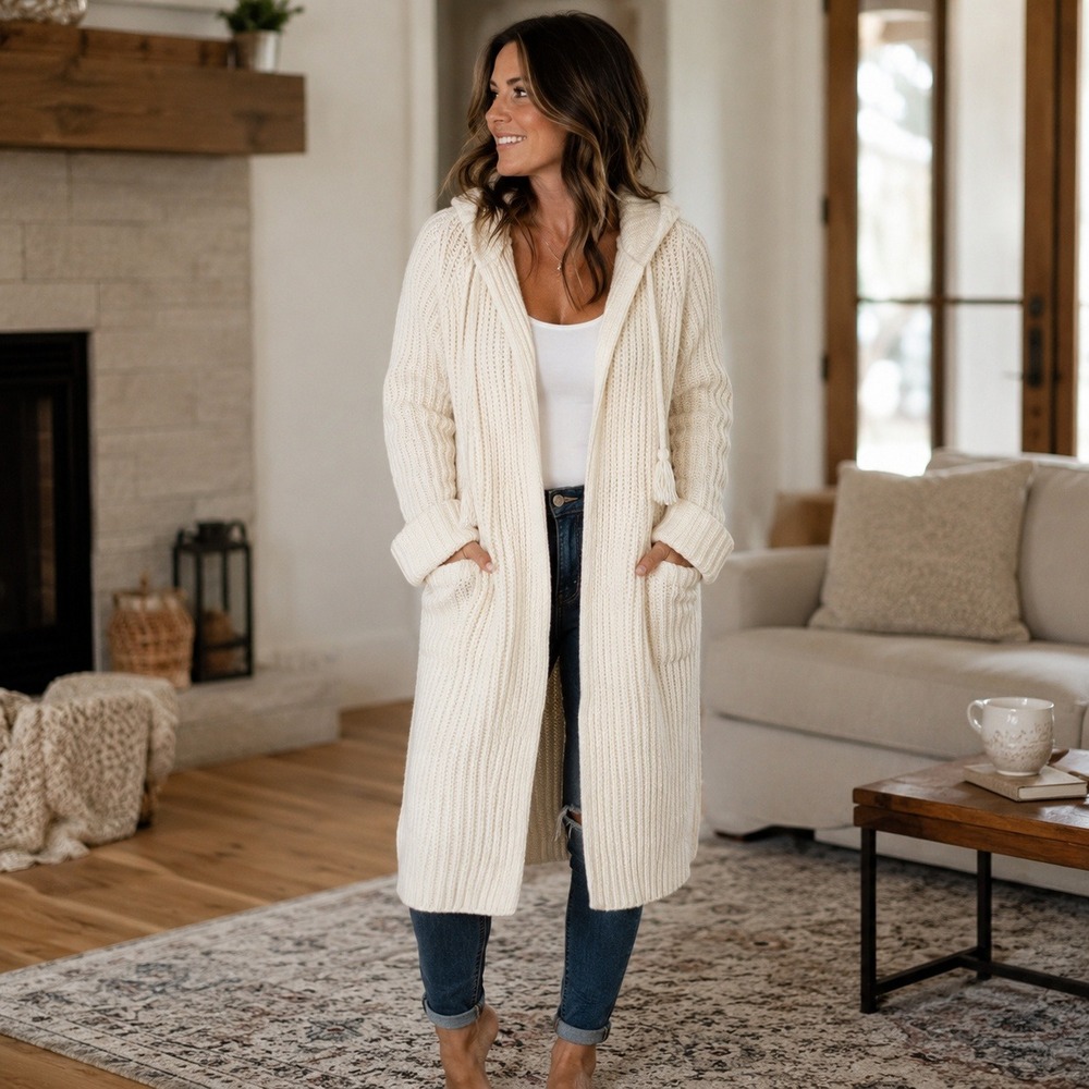 Unbranded Cream Rib Knit Hooded Long Cardigan Duster Sweater Tassel Est M